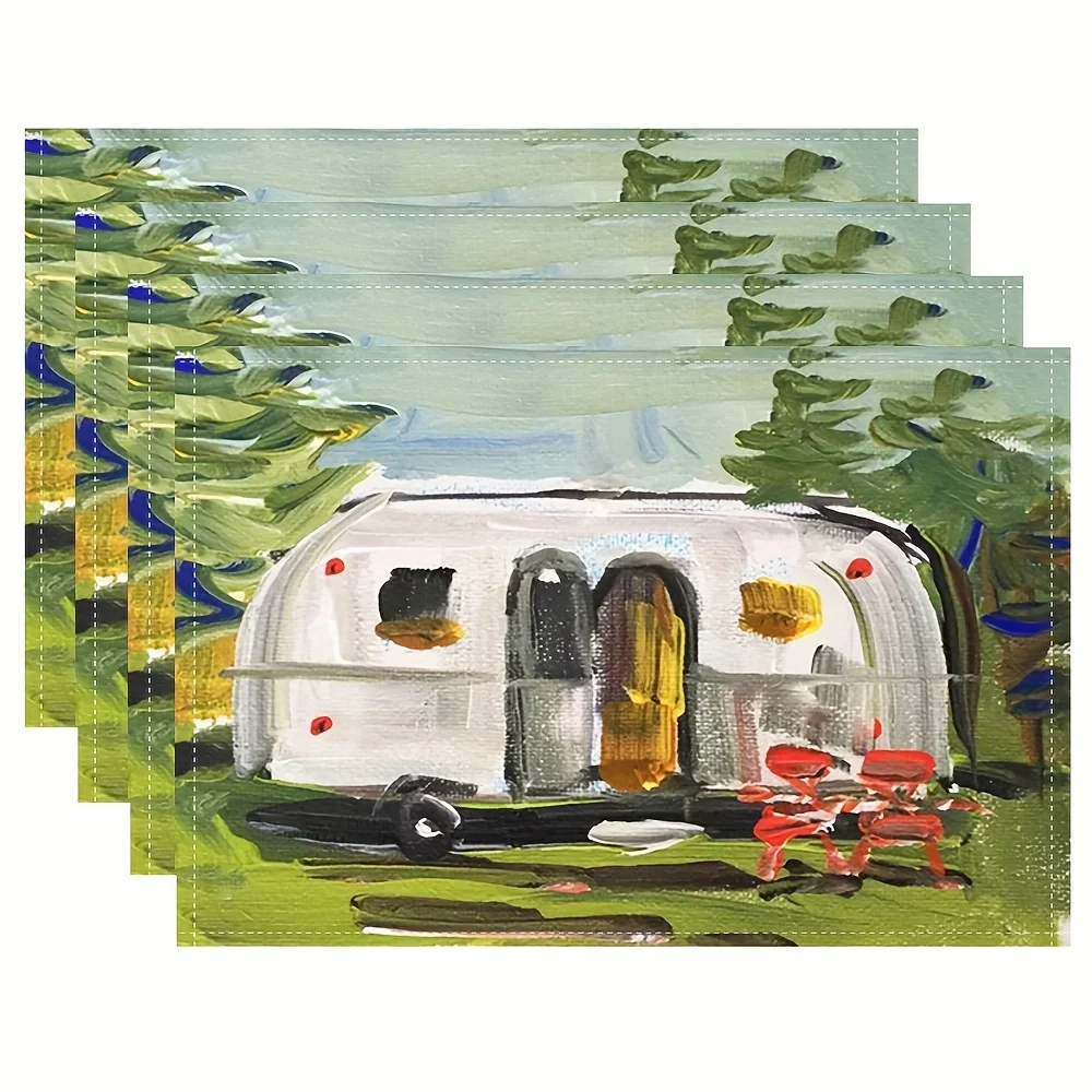 8/4/6pcs Camper Trailer Placemat Set Linen Outdoor Theme Table Mat Vintage Decor Kitchen Dining Accessories