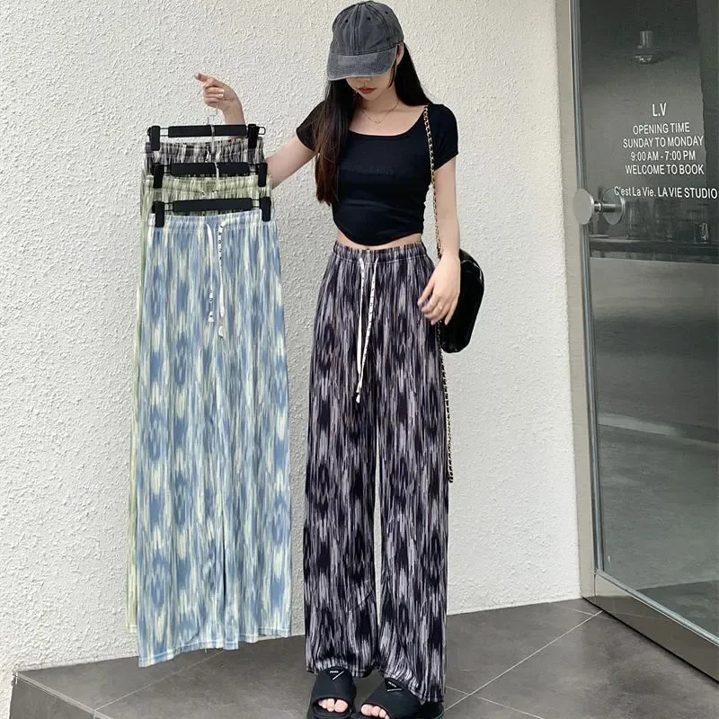 

GIDYQ Women Colorful Tie Dye Wide Leg Pants Stripe Print Loose Fitness Trouser Elastic High Waist Lace Up Casual Straight Pants