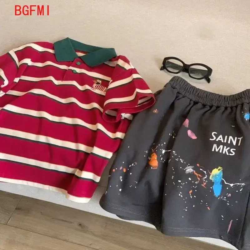 

Boys' Golf Set Children's Red Striped Polo Shirt Short Sleeve+Shorts Baby 2pcs Set 2026 New Summer Korean Children's Clothing