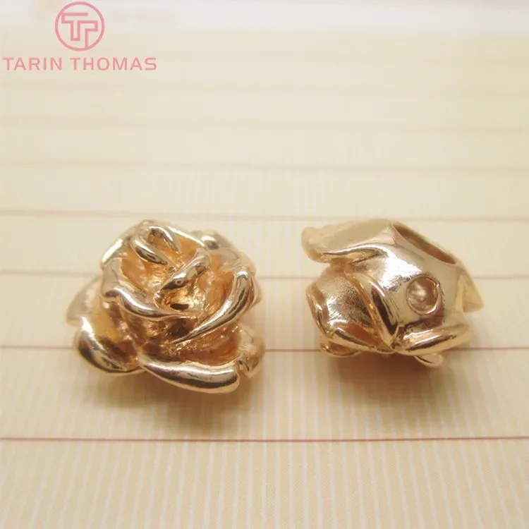 (3098) 6PCS 12.5x13MM 24K Gold Color Brass Rose Flower Bracelets Spacer Beads High Quality Jewelry Findings Accessories