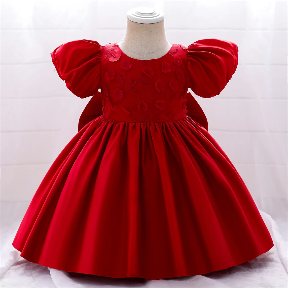 Elegant Baby Girl Flower Dress For Wedding Formal Bow Kids 1st Birthday Party Baptism Princess Dresses Children Puff Sleeve Gown