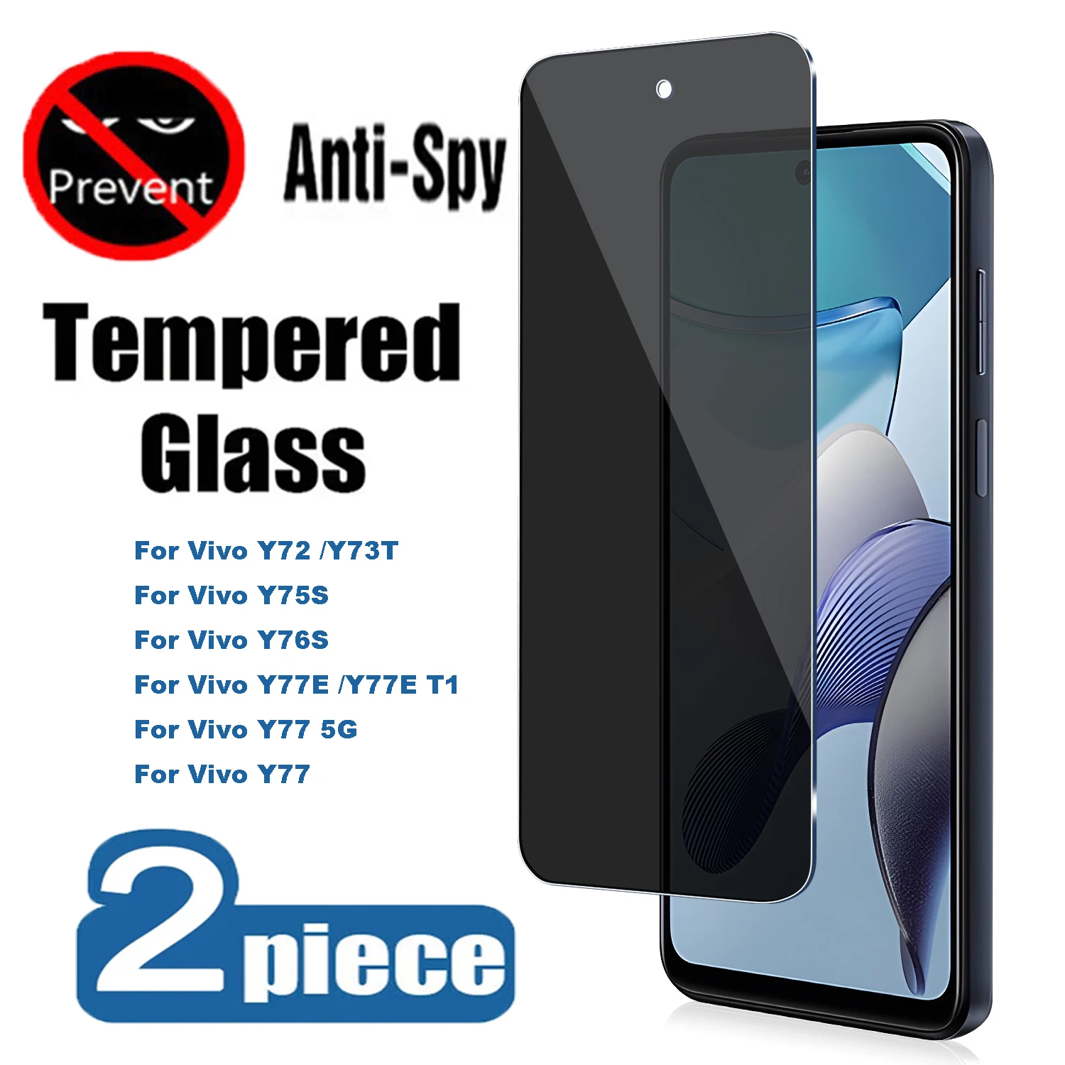 2PCS Privacy Screen Protectors For Vivo Y72 Y73T Y75S Y76S Y77E T1 Y77 5G Anti-spy Tempered Glass Films