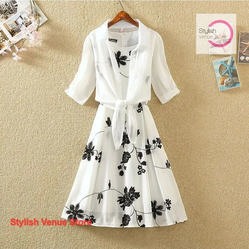 

Summer new retro printed black dress for women, French style fashion high waist sleeveless slim A-line dress two-piece set.