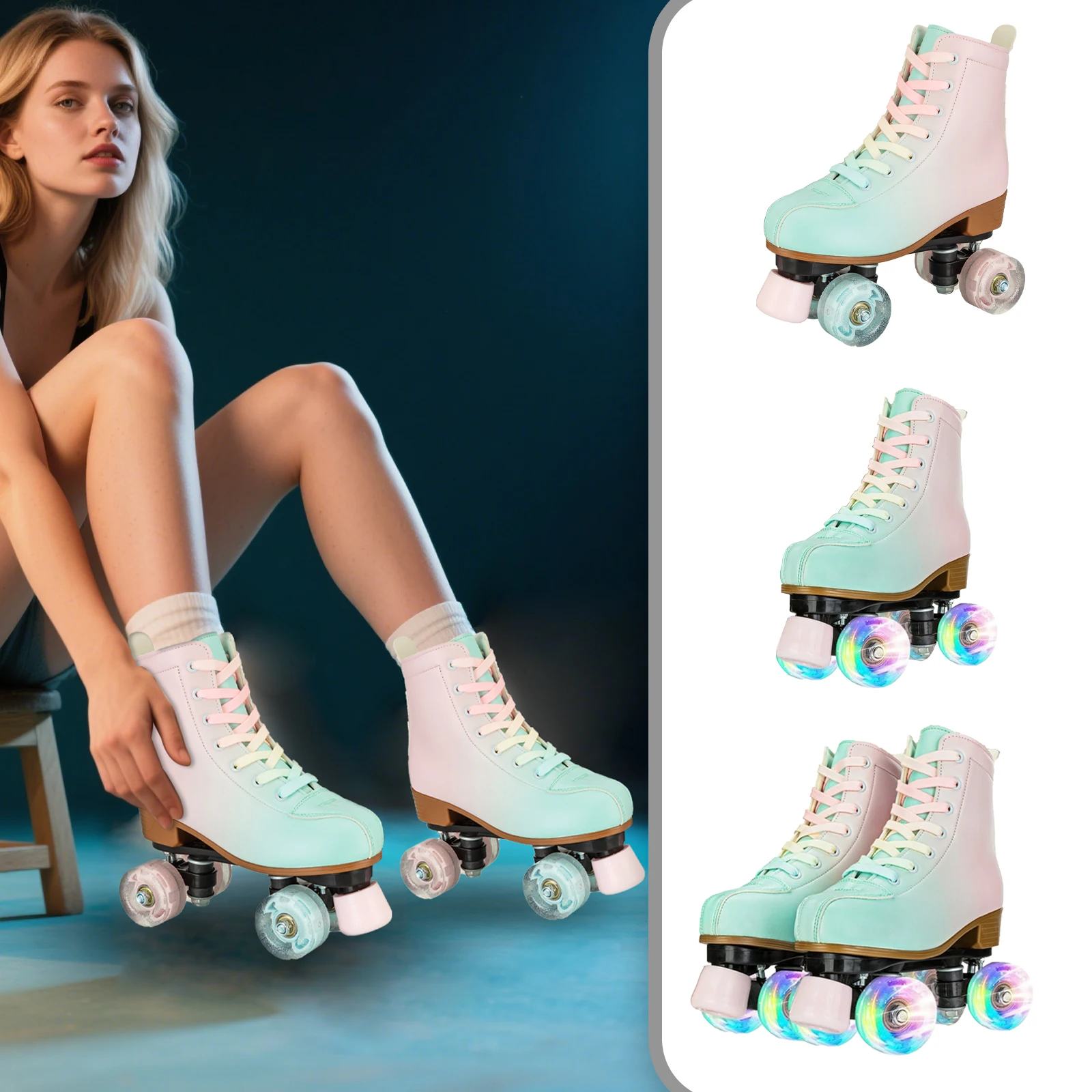 

Flash Double Row Roller Skates For Women Double Row Quad Skate Shoes Adult Outdoor Indoor Skating Training Sneaker With 4 Wheel