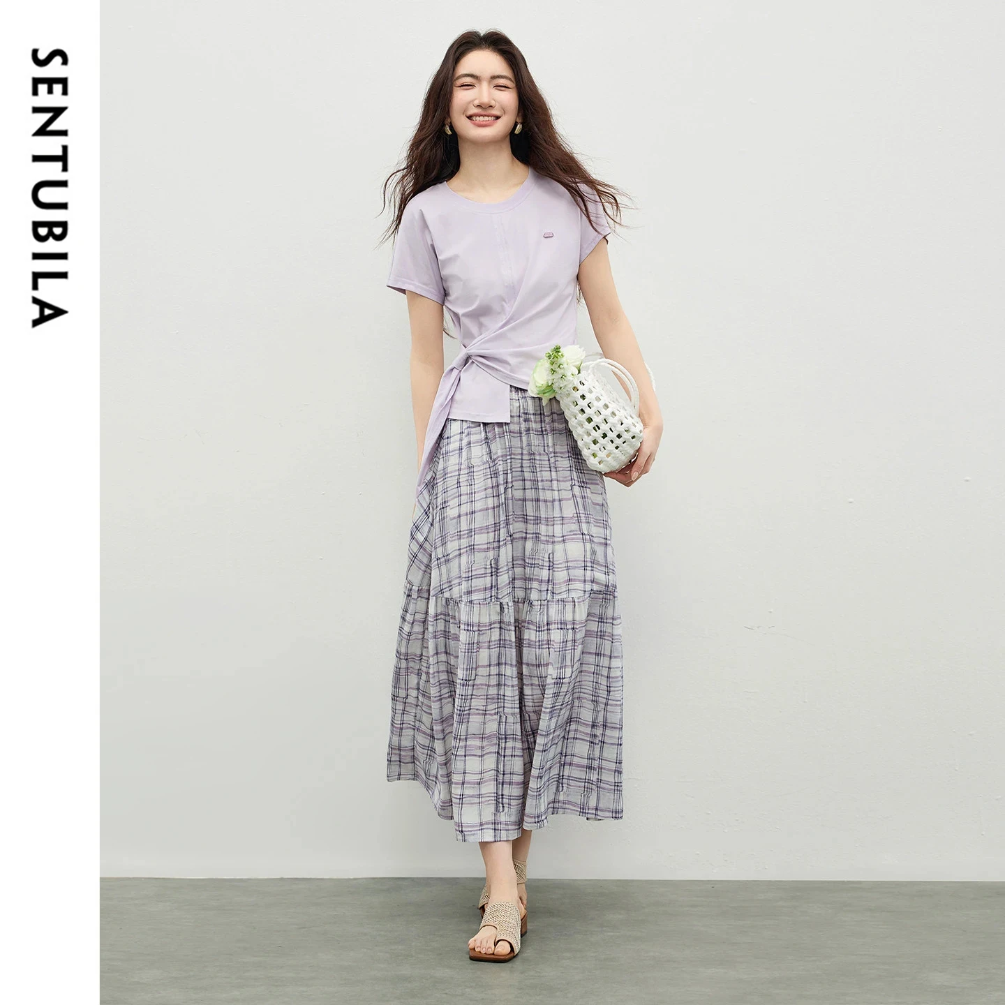 SENTUBILA Women's Casual Skirt Sets Crew Neck Letter Detail Tie Waist T-shirt Plaid Chiffon A-Line Skirt Two Piece Set 162ZL4739