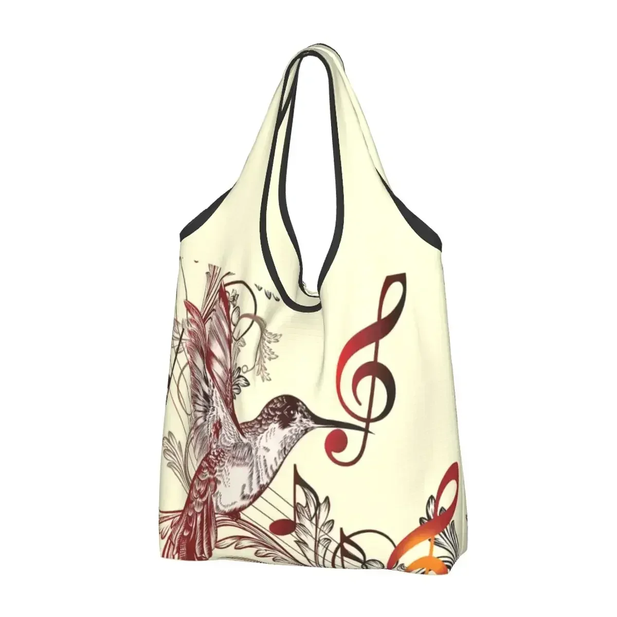 

Kawaii Printed Hummingbird Shopping Tote Bag Portable Shopper Shoulder Clef Music Notes Five Lines Handbag