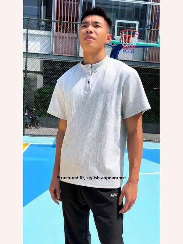 

Bla Henry Collar ort Sve T-irt Men's Summer Baskeall Fitn f Sve American Muscle Texture Five Sve T-irt