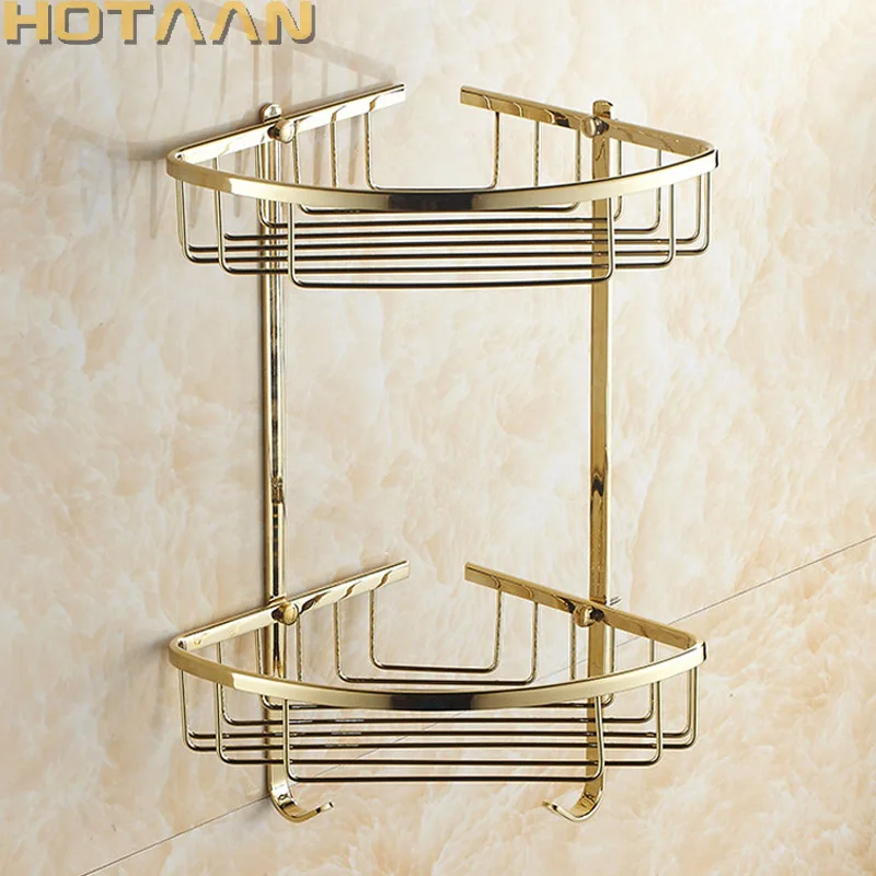 . Wall Mounted Gold Finish Brass Bathroom Shower Shampoo Shelf  Basket Holder Fashion Double Layer YT-7021