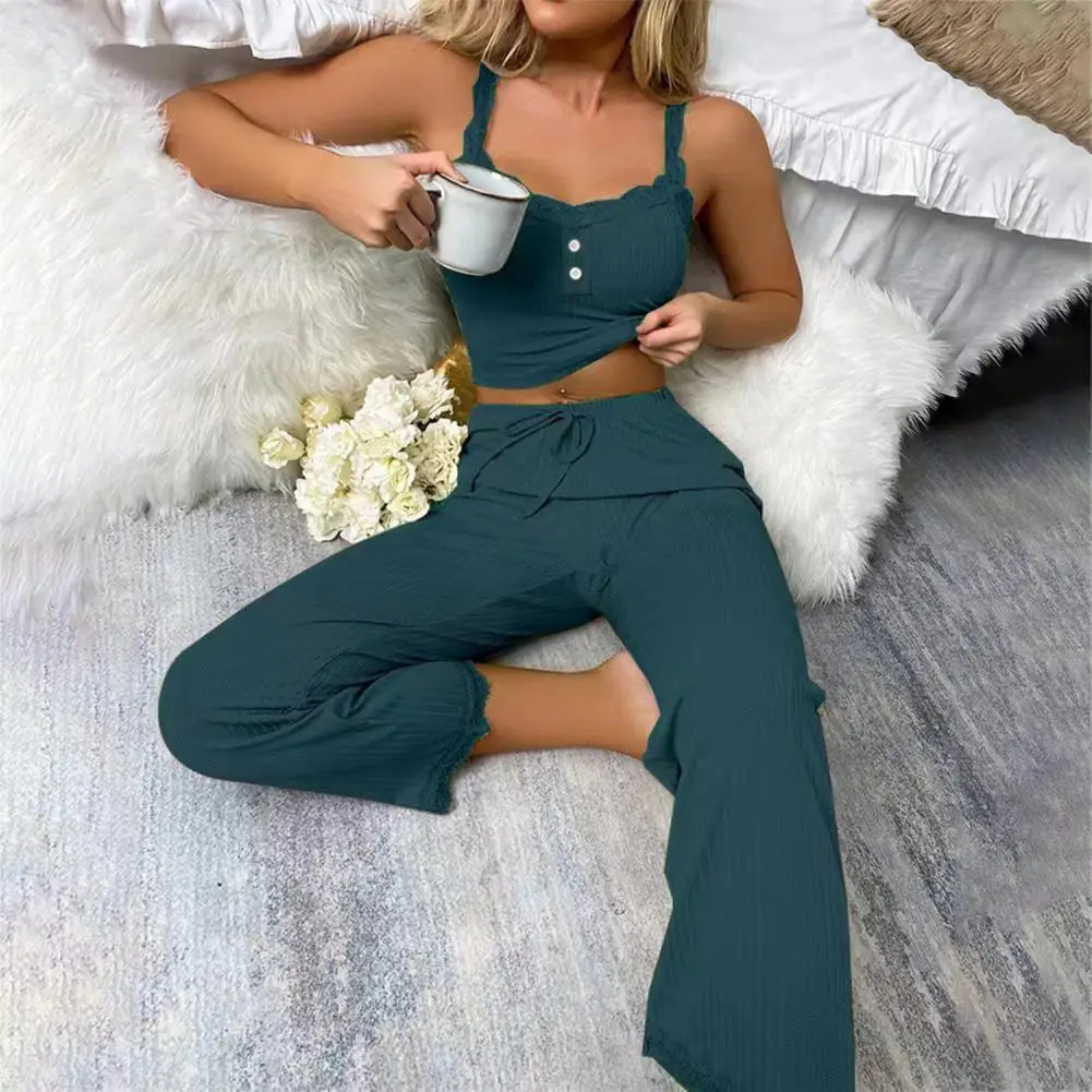 Lady Summer Loungewear Flower Edge V Neck Crop Top High Waist Pants Set for Women Camisole Long Trousers Loungewear Drawstring