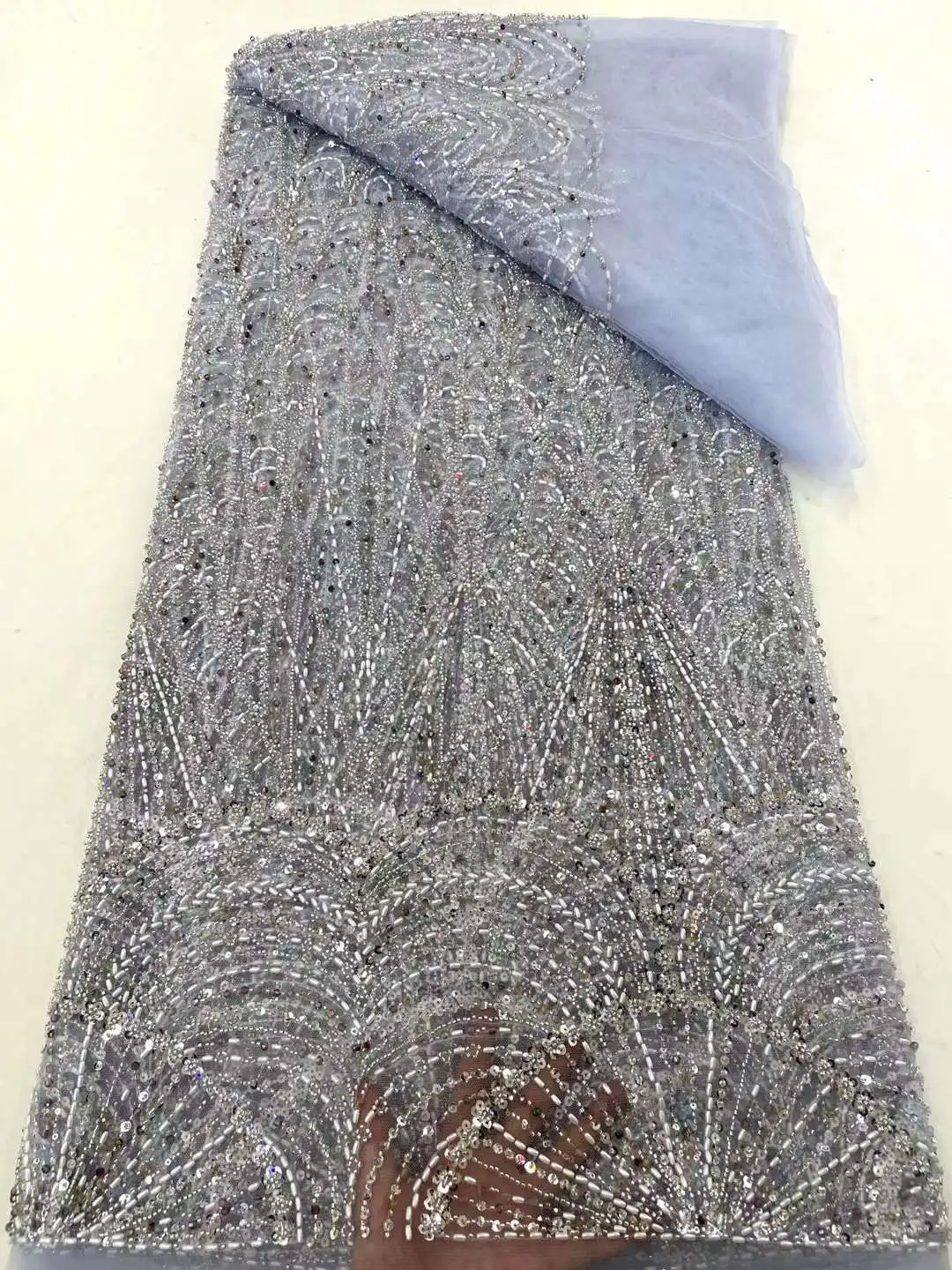 Tissu de dentelle africaine perle faite à la main 2024 haute qualité 5 Yards rapperlé NigWin tissu de dentelle blanche pour robe de mariée WS80KN-28