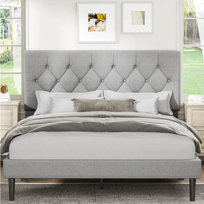 

Full Size Platform Bed Frame with Upholstered Headboard, Button Tufted Design, No Box Spring Needed, Light Grey