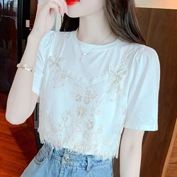 Cotton T-shirts with Lace for Women, Sweet White Short Sleeve, Floral Tees, French Clothes, Casual Tops, Summer, Fashion, 8528