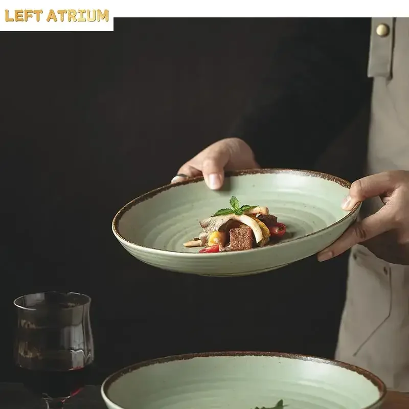 Round Ceramic Pasta Ramen Plates Sushi Steak Dish Hotel Restaurant Tableware Vegetable Salad Plate Snack Dessert Dishes