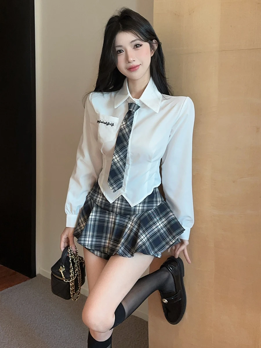 Sexy  Collar Tie Slim Fit Long Sleeve Shirt Plaid Puffy Half Skirt JK Set College Style Small Size Fashionable Women's En...