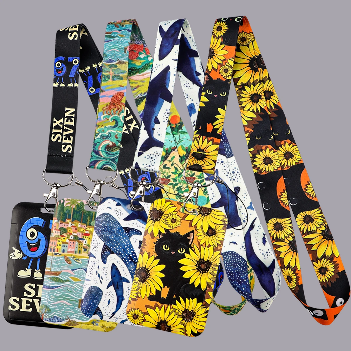 Flower Black Cat Lanyard Car Cute Whale Shark Pattern Keychain ID Card Pass Gym Mobile Phone Key Ring Badge Holder Jewelry Gifts