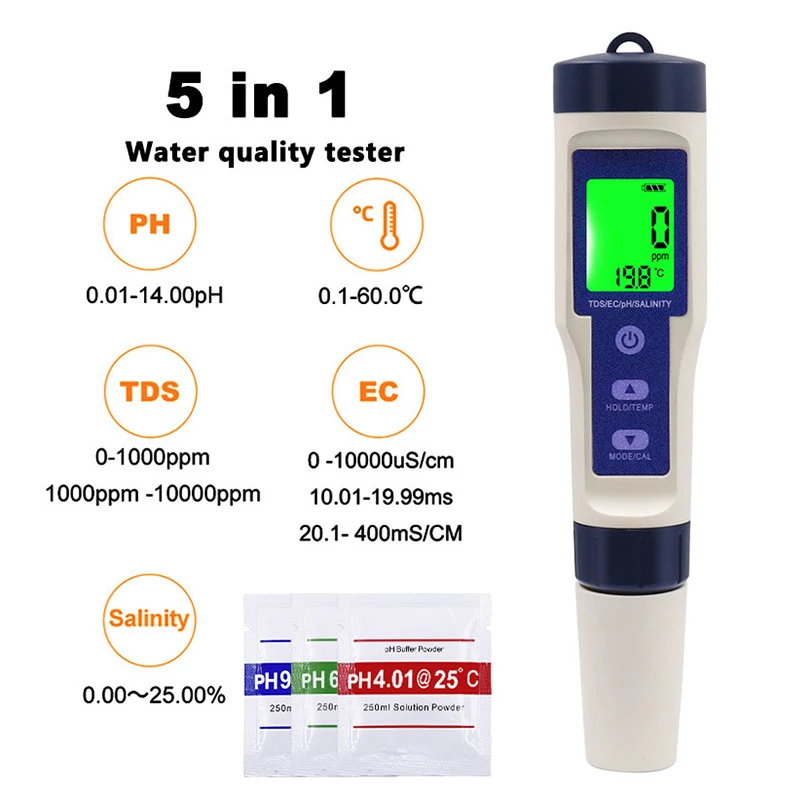 

Тестер PH TDS/EC/PH/солености/температуры, цифровой измеритель качества воды для бассейнов, питьевой воды, аквариумов, 5 в 1