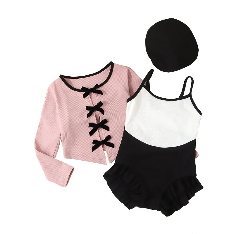 Traje de baño con lazo para niñas, bañador de moda coreana, Color negro y rosa, sombrero de verano, ropa de playa, 3 uds./Set