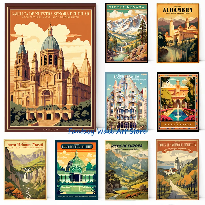 Испания Путешествие Casa Batllo Santiago De Compostela Собор Севилья Альказар Лазамарт Винтаж Плакат Холст Картина Настенный Декор