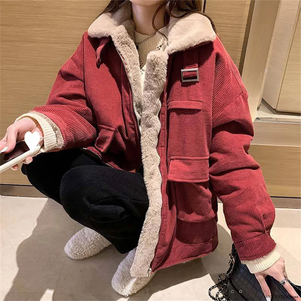 Korean New Autumn Winter Warm Corduroy Jacket Women Casual Loose Thicken Plush Coat Woman Korean Pocket Zipper Lamb Wool Parkas