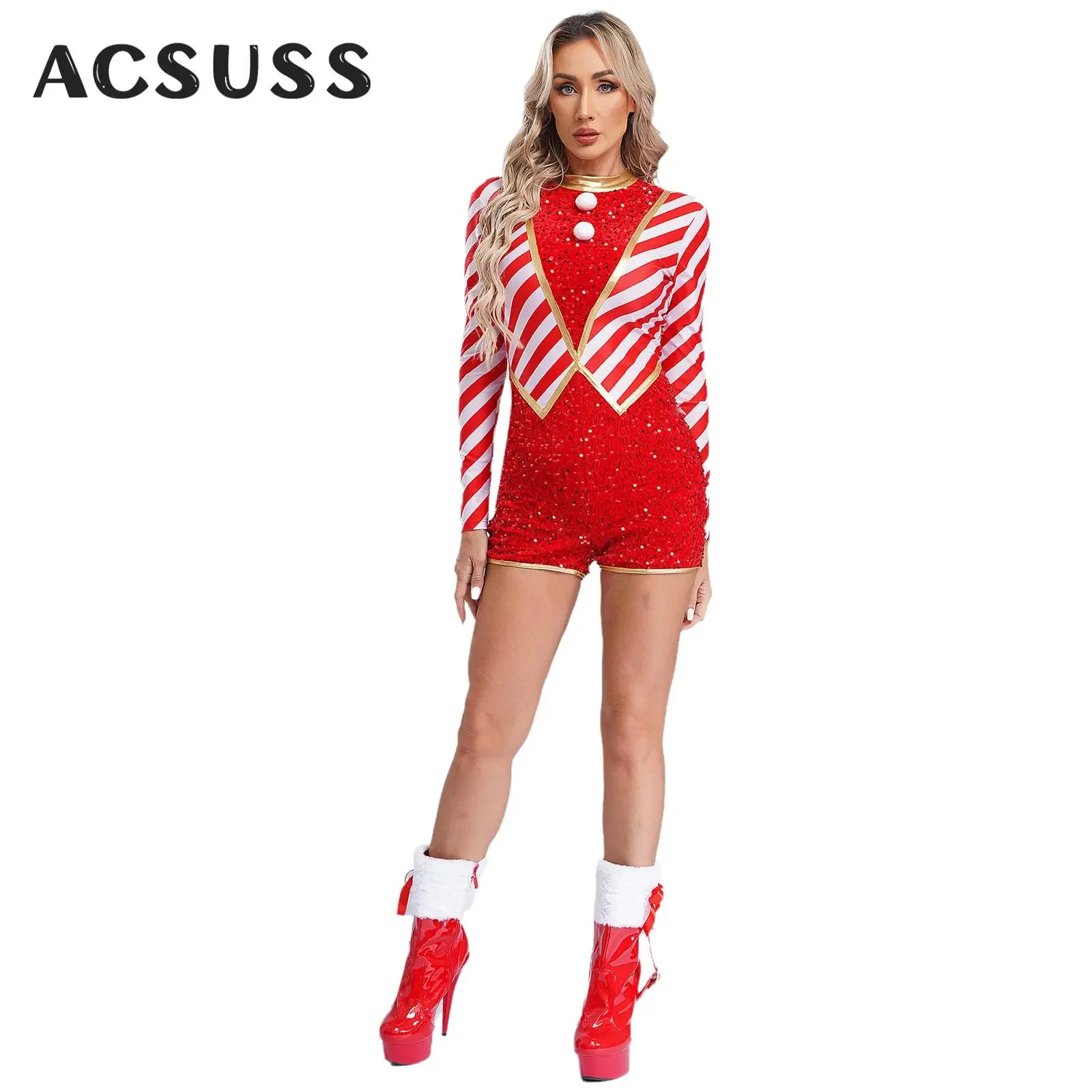 Women Christmas Mrs Claus Costume Candy Cane Sequins Jumpsuit Xmas Party Outfit Ballet Dance Figure Skating Leotard Bodysuit