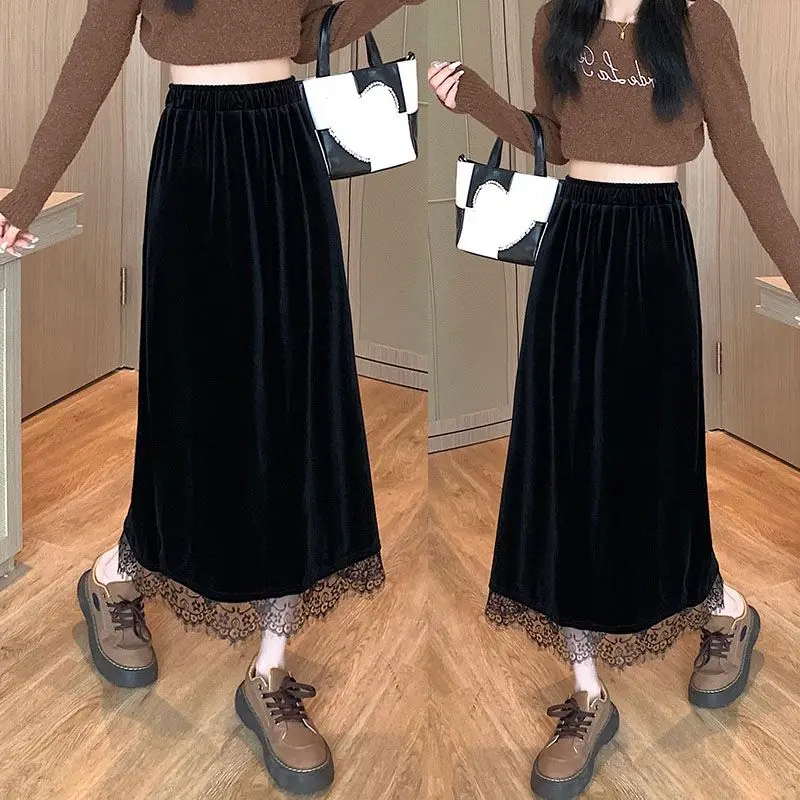 

Velvet Vintage Lace Patchwork Skirts Female Clothing A-Line Elastic Autumn Winter Solid Color Basic Fashion Split Midi Skirts