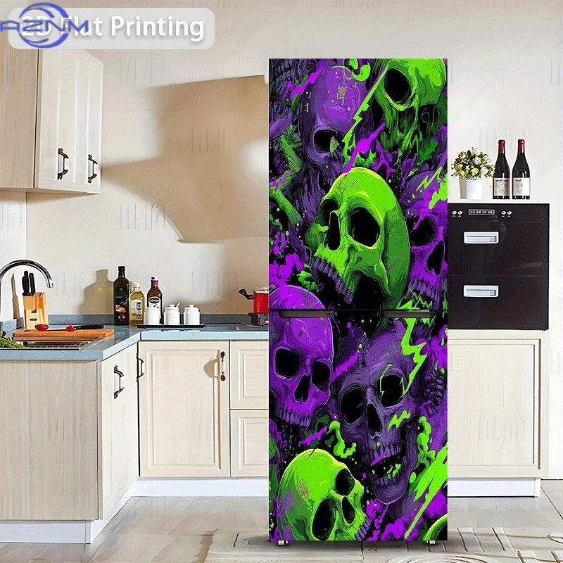 of Refrigerator Sticker Measuring 60X180 Cm with a Colorful Skull Design, Suitable for Cabinet And Wardrobe Decoration, Self-A