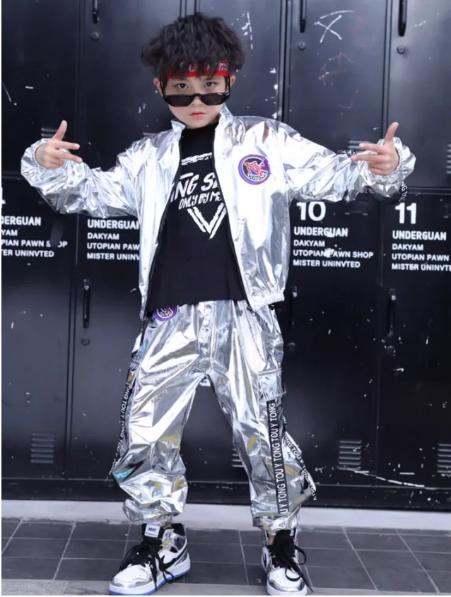 Silver set drum stand hip-hop street dance trendy clothing for children's runway stage costumes