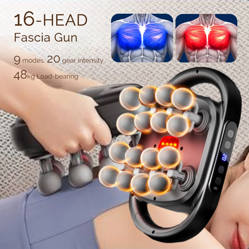 

16-головочный фасциальный пистолет, массажер для мышц, высокочастотная вибрация, массажер для тела, шеи, талии, устройство для расслабления плеч