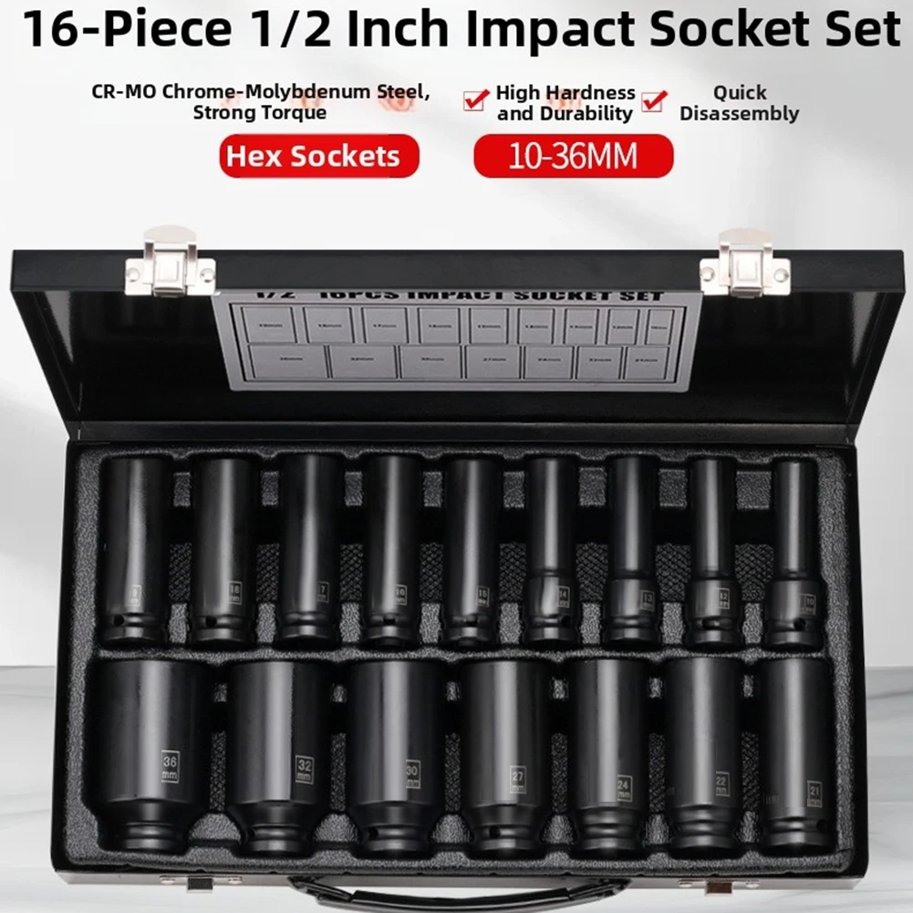 16Pcs 10-36mm 12 Heavy-Duty Pneumatic Socket Set Extended Socket Set Hexagonal For Torx For Quick Auto Repair Tool Accessories