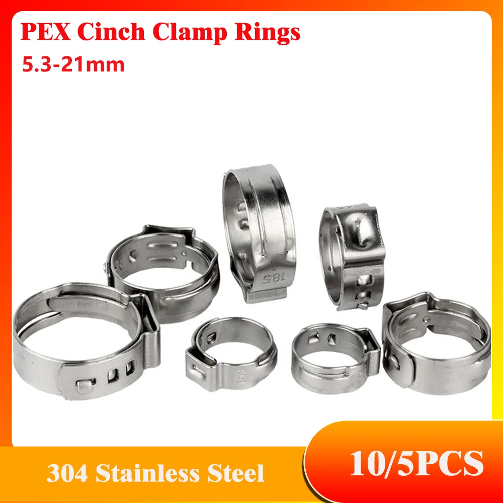 304 Stainless Steel PEX Cinch Clamp Rings Single Ear Stepless 5.3-21mm Pipe Clamps For PEX Tubing Pipe Fitting Connections