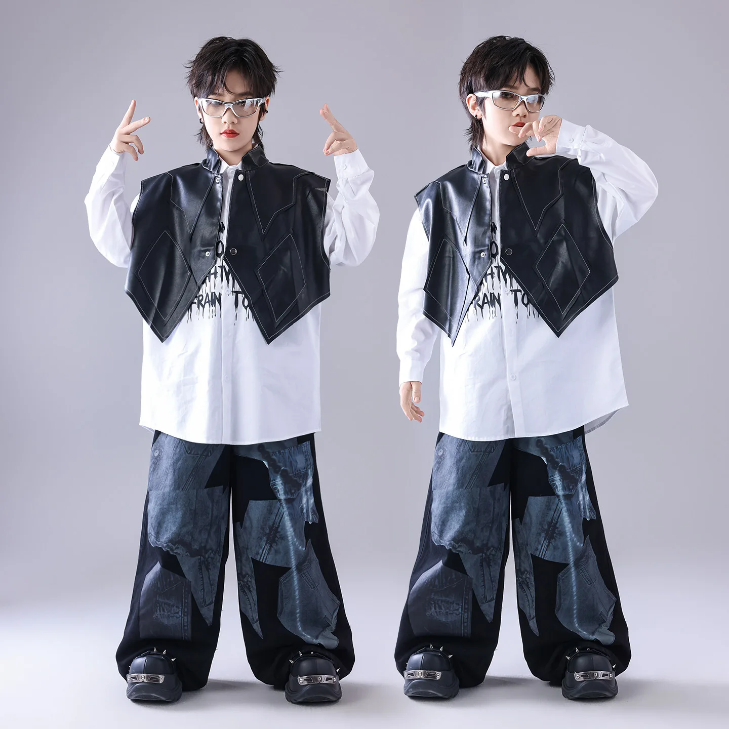 

Детская уличная одежда в стиле хип-хоп, кожаный жилет для мальчиков, крутой свитшот, брюки-карго для девочек, комплекты одежды для уличных танцев K-pop, детские джазовые костюмы