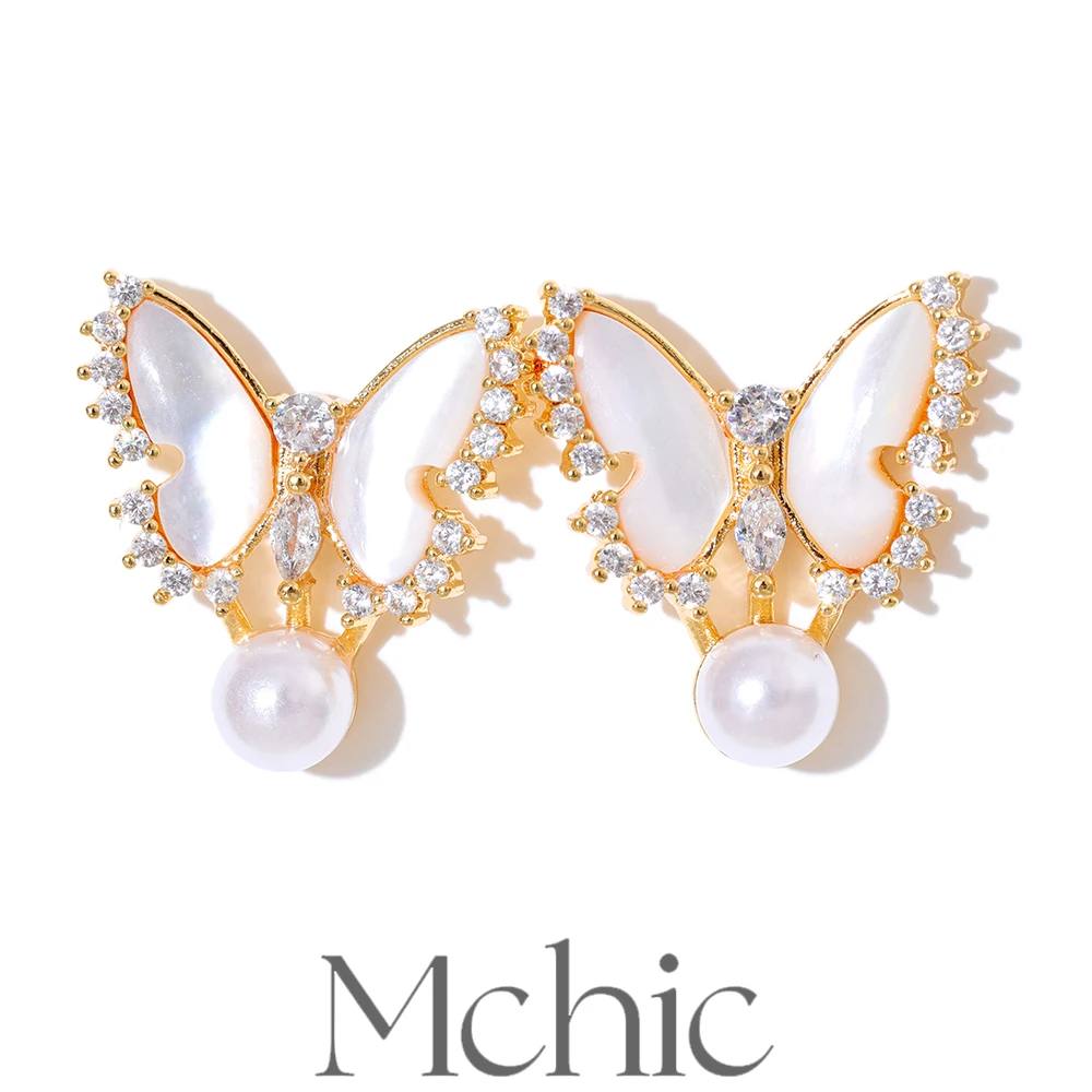 Mchic Natural Shell Simulated Pearl Butterfly Stud Earrings for Women Fashion Exquisite Jewelry  Blue White Wholesale
