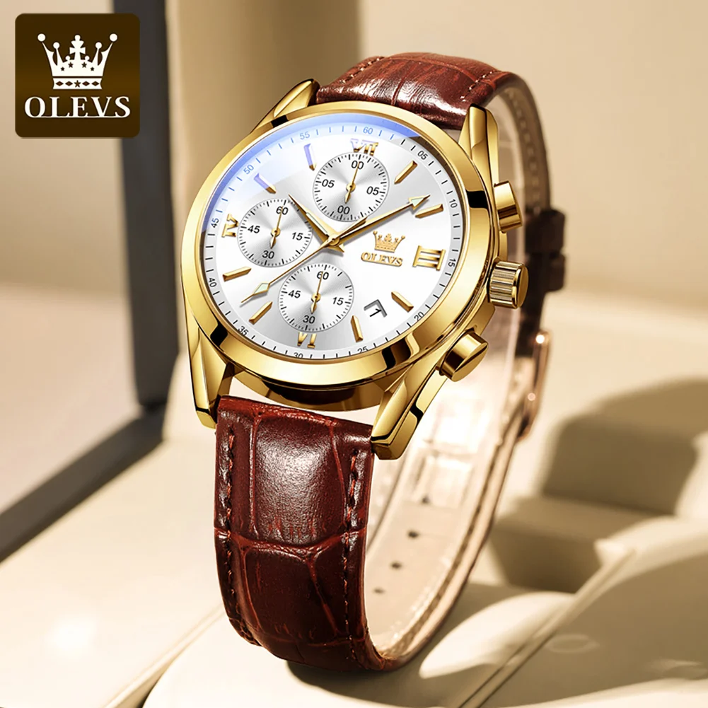 Olevs 2872 Chronograaf Heren Polshorloges Lederen Band Waterdichte Lichtgevende Originele Quartz Horloge Voor Mannen Luxe Sport Man Horloge