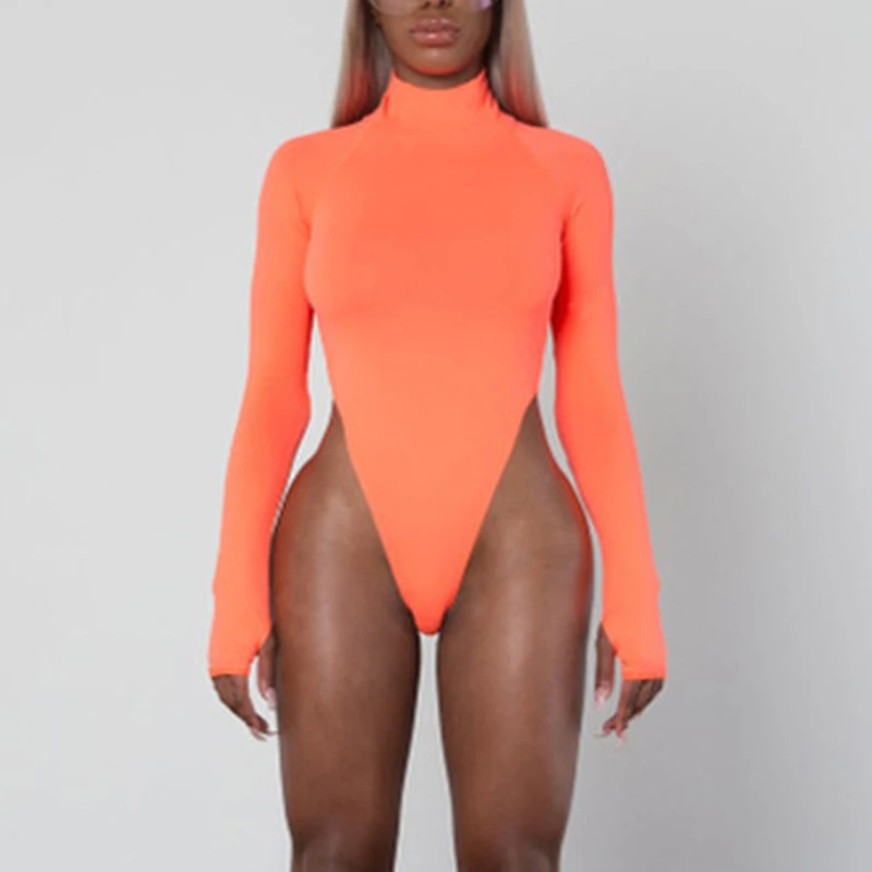 Manga longa alta pescoço neon bodycon sexy natal bodysuit outono inverno moda feminina casual fino ajuste corpo roupas topos catsuit