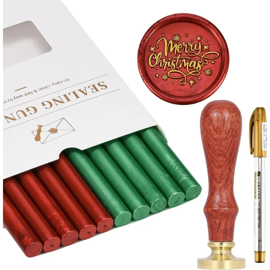 Wax Seal Kit Merry Christmas Wax Seal Stamp 10pcs Metallic Red and Green Glue Gun Sealing Wax Sticks with Pen Great for