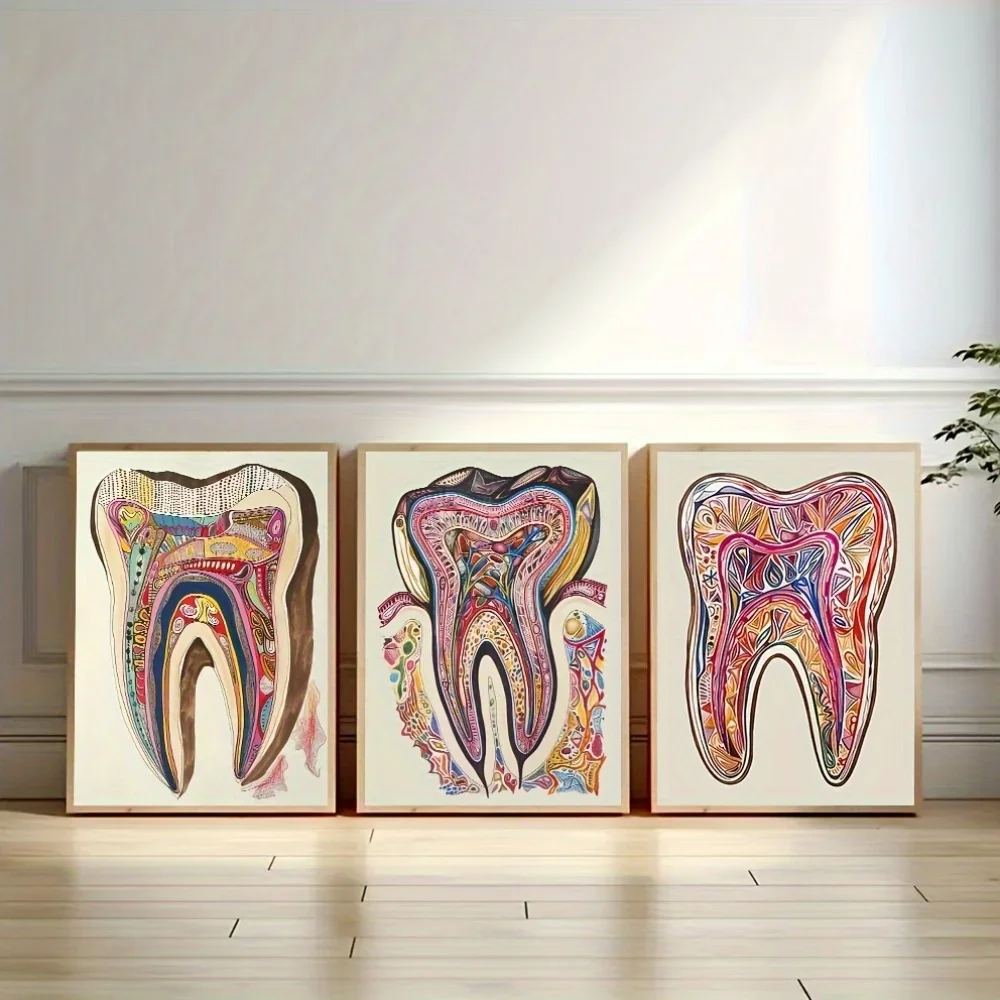 3pcs Unframed Vibrant Teeth Abstract Canvas Painting - Colorful Dental Art Posters, Tooth Anatomy Prints for Dentists, Hospit