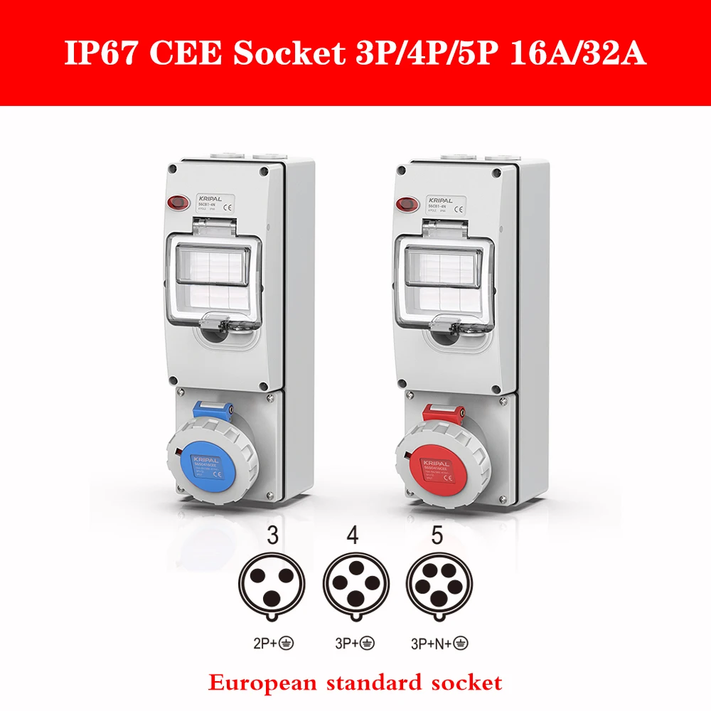 Free Shipping Kripal Waterproof CEE Socket 3Pin 32a Outlet Combination Switched Socket With Circuit Protection For charging pile