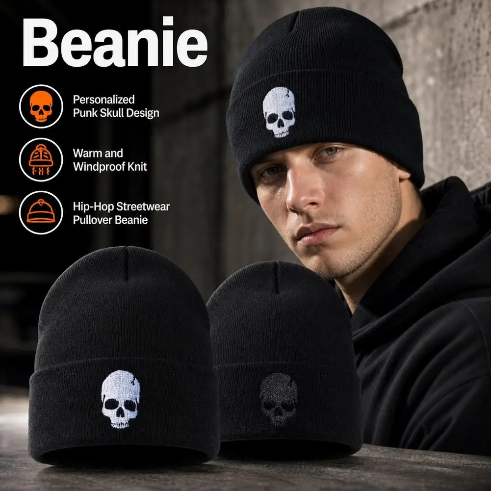 Unisex Winter Cool Cartoon Skull Print Knitted Windproof Warm Cap Men Women Punk Hip Hop Fashion Black Hat Skullies Beanies