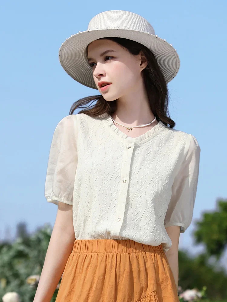 

I BELIEVE YOU French V-Neck Puff Sleeve Lace Shirts for Women 2024 Summer New Chic Spliced Hollow Out Female Blouses 2241085670