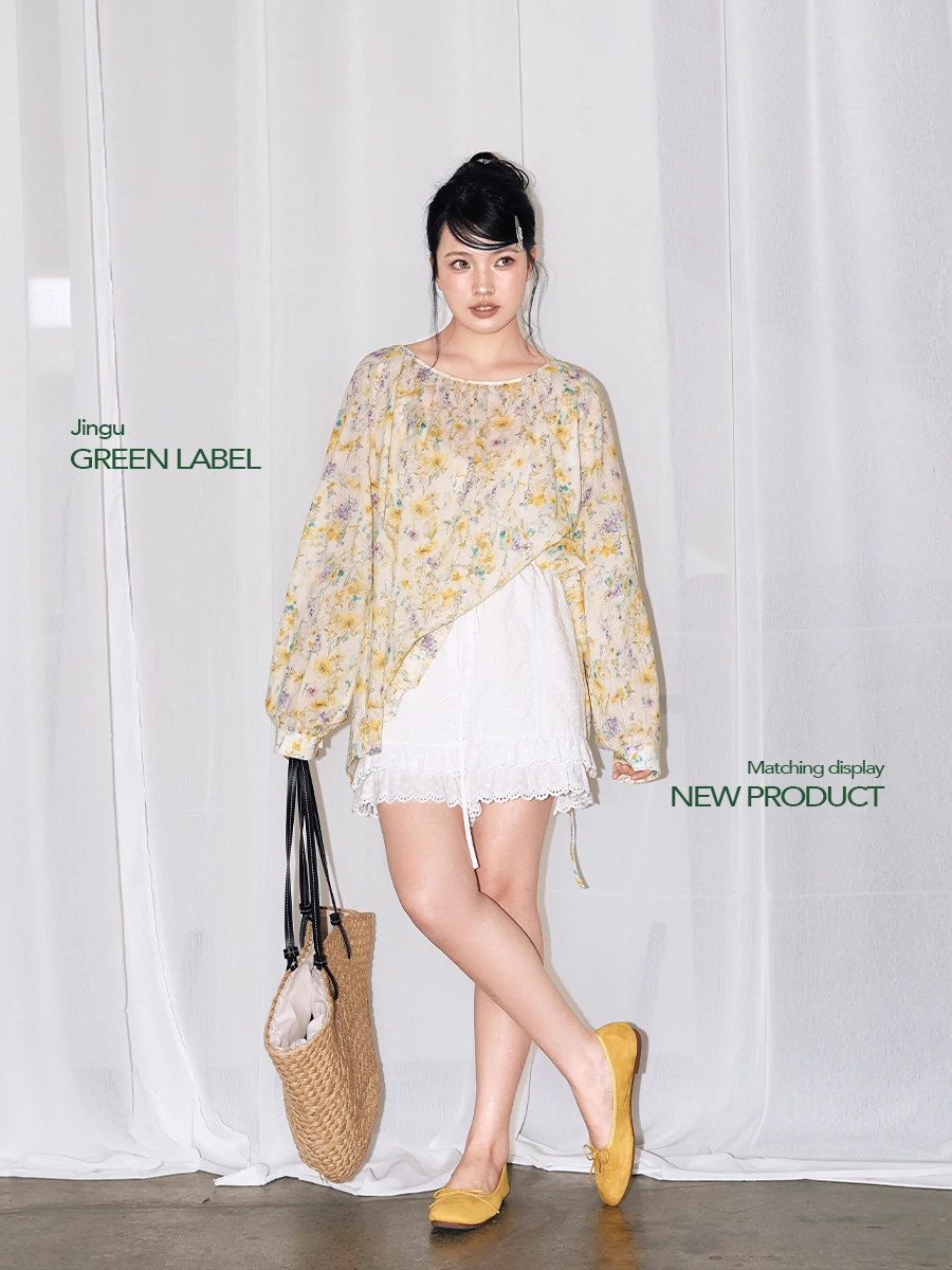 

JINGU een Label Purple Wisteria Flower Pattern Knot Long Sve Loose Women's irt Sweet Sle Cotton Spring Summer Top