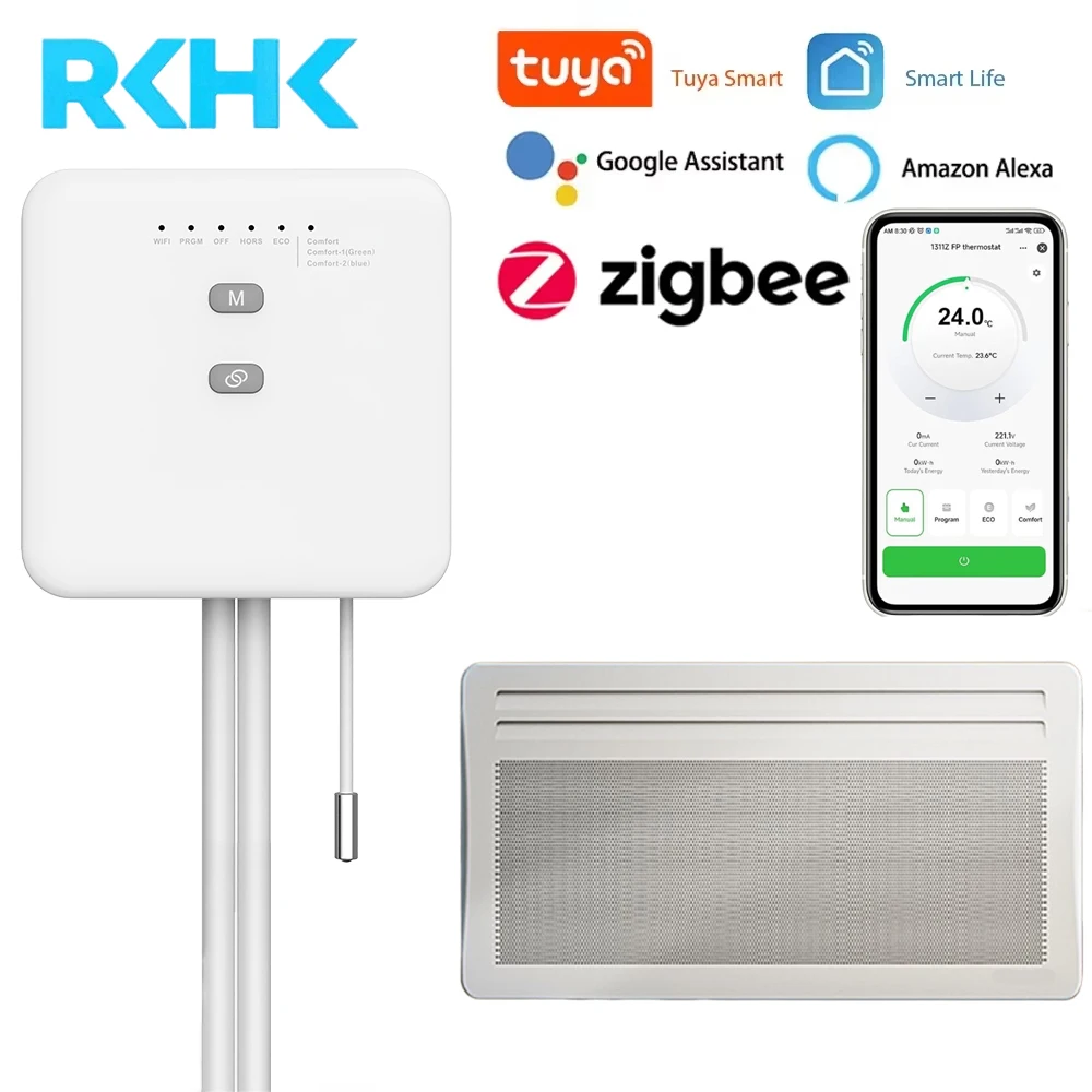 Thermostat intelligent Tuya ZigBee pour radiateur de chauffage à fil pilote, prise en charge de la surveillance de l'électricité Ecowatt, télécommande Alexa Google