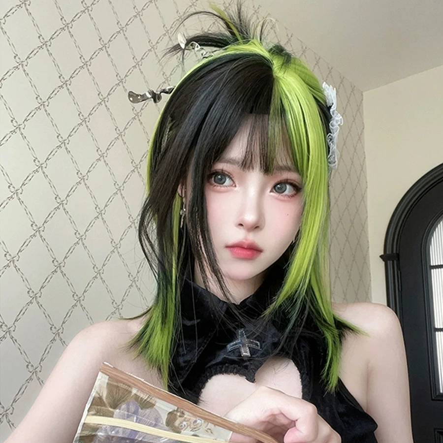 18inch synthetic straight omber black green wig with bangs heat resiatant wig cosplay party use