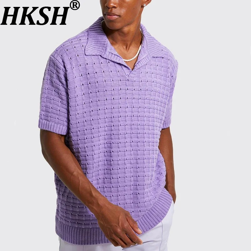 

HKSH Spring Summer New Man's Tide Elastic Loose Sweater Knitted Chic Ins Short-sleeve Casual T-shirt V-neck Elegant Tees HK11189