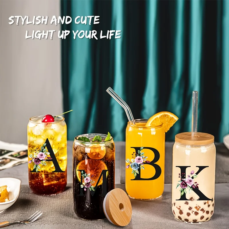 1PCS 24 Letter Glass Drinking Tumbler 470ML with Bamboo Lid And Straw Clear Custom Iced Coffee Cup Mason Jar for Beer Smoothie