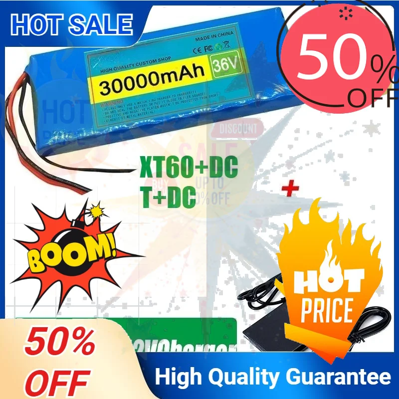 SWZY 18650 36V 30000mAh 10S1P Rechargeable Lithium-ion Battery Pack Large Capacity 30Ah with BMS 500W Multiple Plug Options Bate