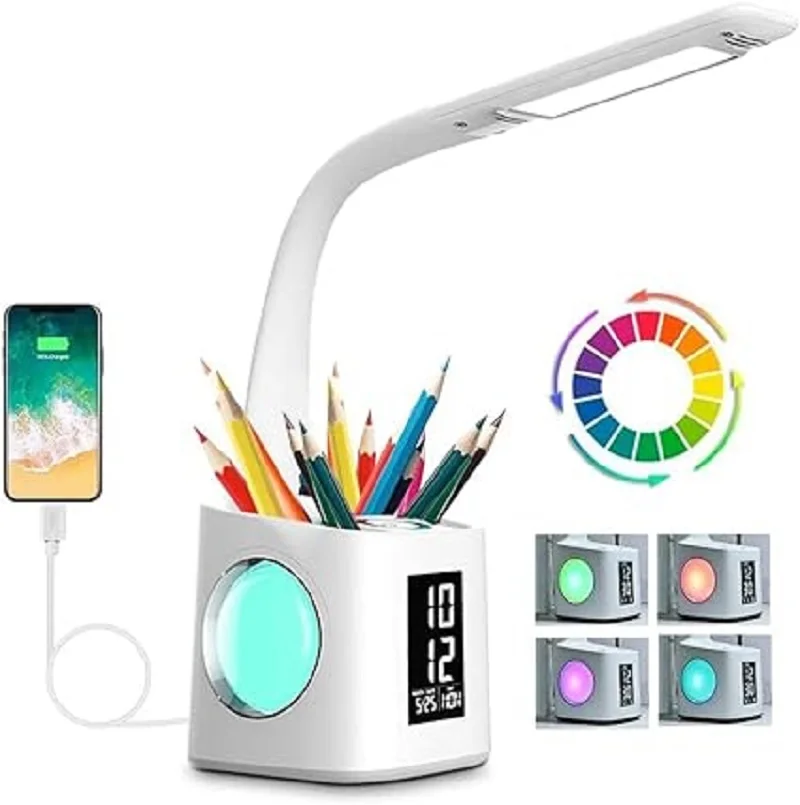 Children Study reading desk Lamp With Alarm Clock Pen Holder Color Changing Led Mood Light Desk Lamps