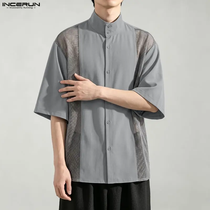 

INCERUN Men's Shirt Mesh Patchwork Stand Collar Half Sleeve Men Clothes Loose Tops Streetwear 2026 See Through Shirts For Man