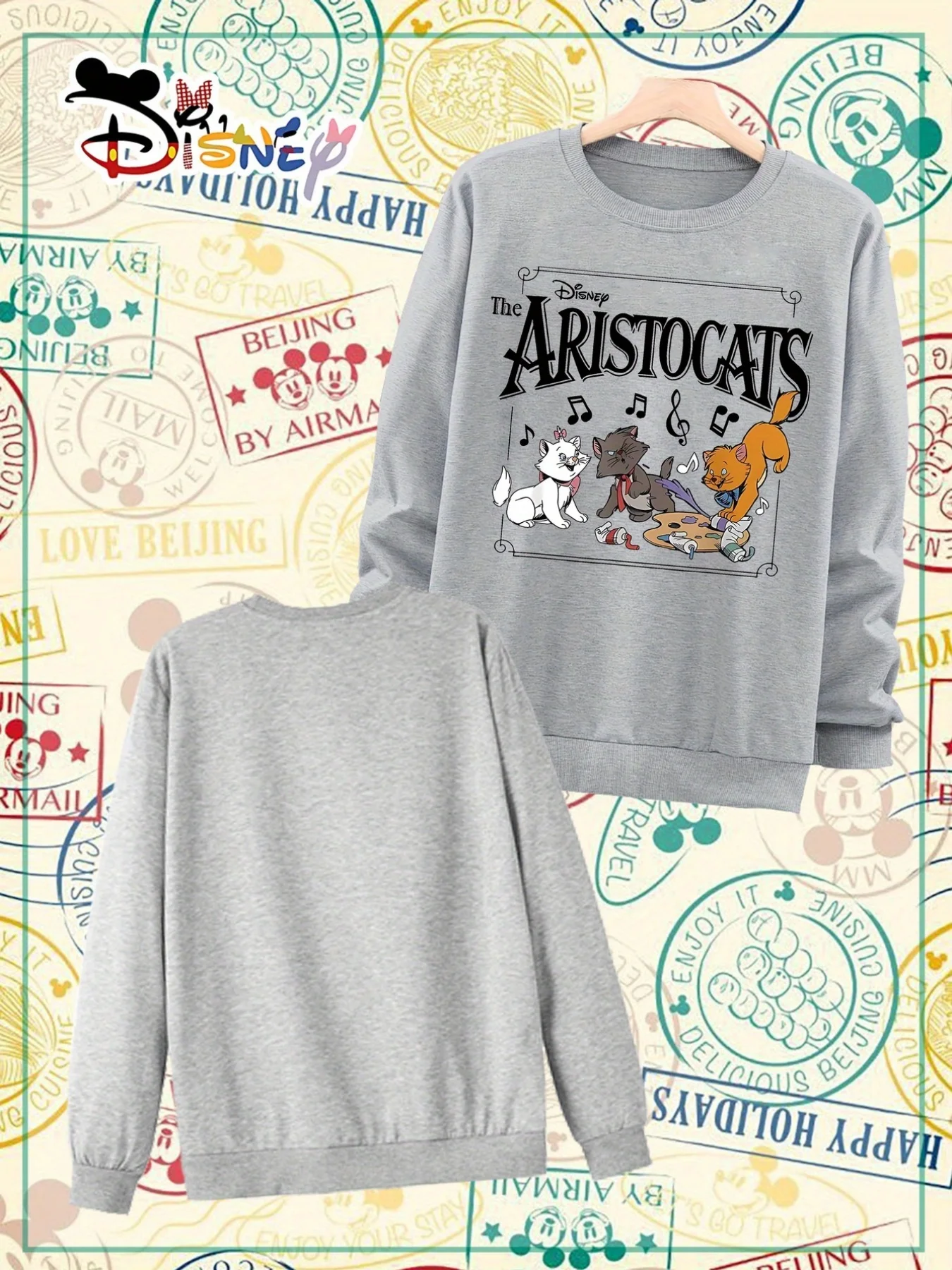 سويت شيرت نسائي من Disney Allard Elvis - بلوفر رمادي مع رسومات Duchess و Edgar و Mary مصنوعة من قماش ناعم وجميع المواسم