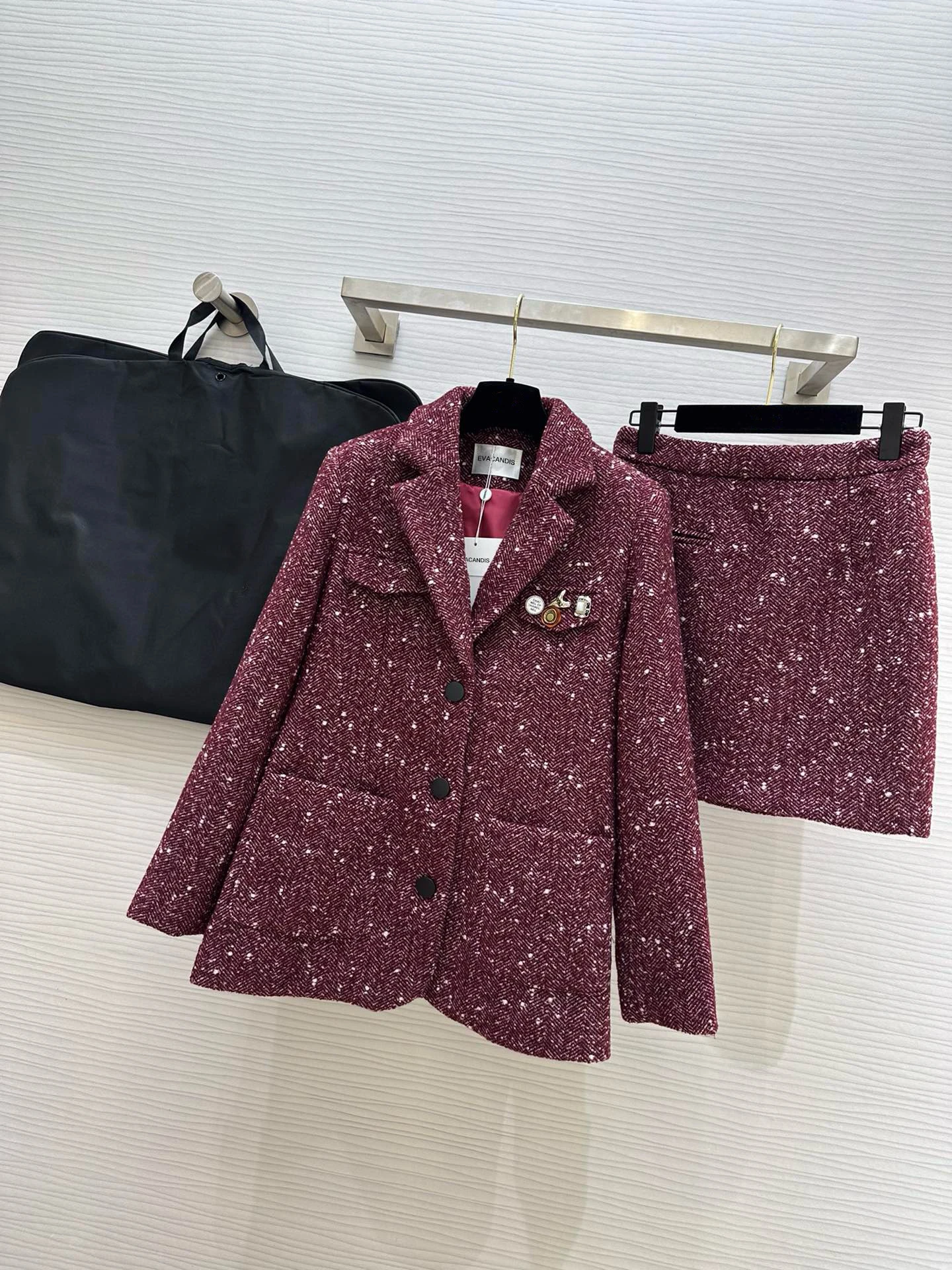 

EVACANDIS Women New Elegant Vintage High Quality Wool Blended Tweed Coat and Mini Skirt Sets Sequins Office Lady Suits Chic