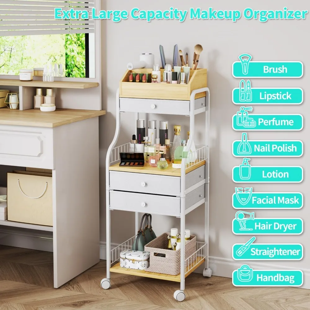Floor Makeup Organizer with Drawers and Wheels - Skincare Vanity Storage for Cosmetics, Brushes, Perfume
